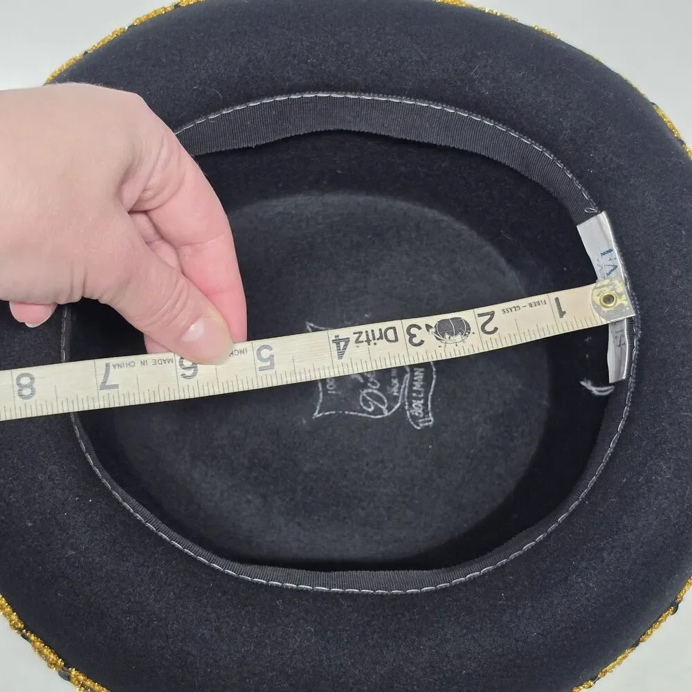 Vintage Doeskin Bollman Bolero Hat Black Wool Felt Sequins And Gold Accent USA